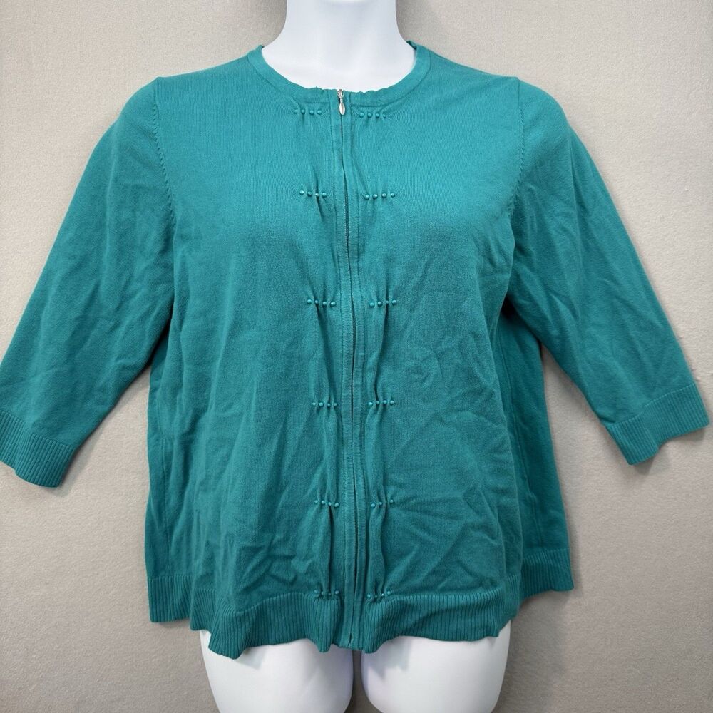 CJ Banks Womens 1X Cardigan Sweater Teal Green Full Zip Beaded 3/4 Sleeve Knit